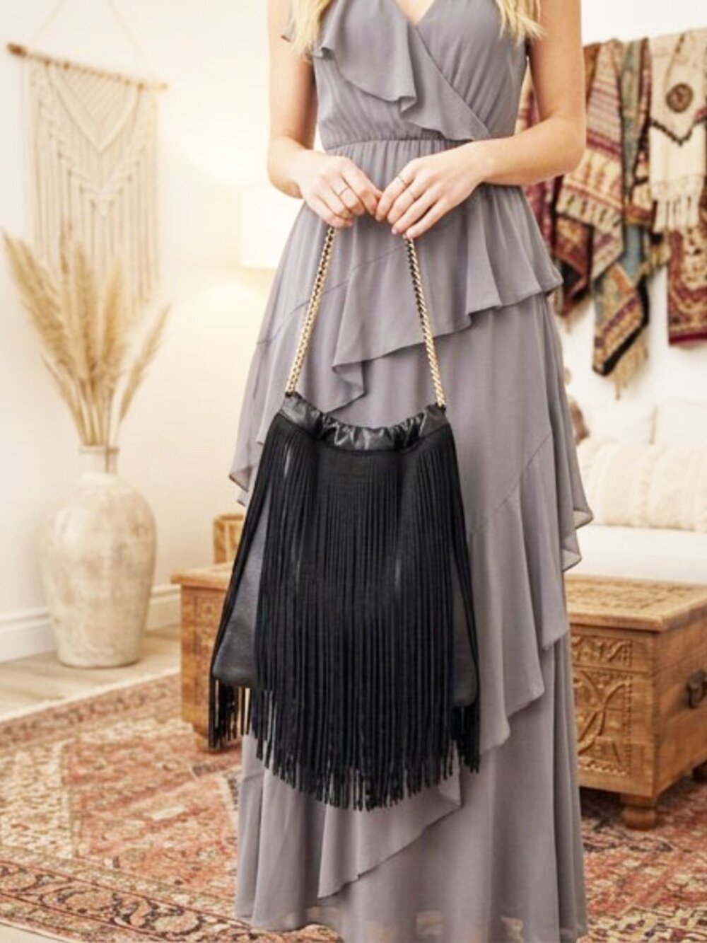 Zara Black Boho Fringe Shoulder Faux Leather Bag